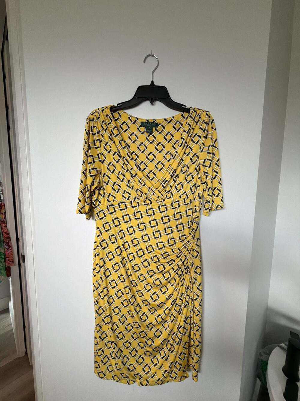 Lauren Ralph Lauren Yellow Geometric Link Print Faux-Wrap Sheath Dress Size 14